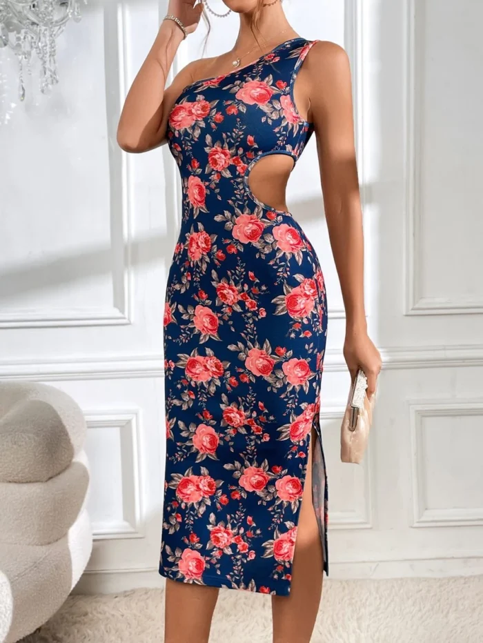 SHEIN Unity Allover Floral Print One Shoulder Cut Out Waist Split Thigh ...