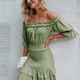 Simplee Off Shoulder Shirred Detail Ruffle Trim Dress