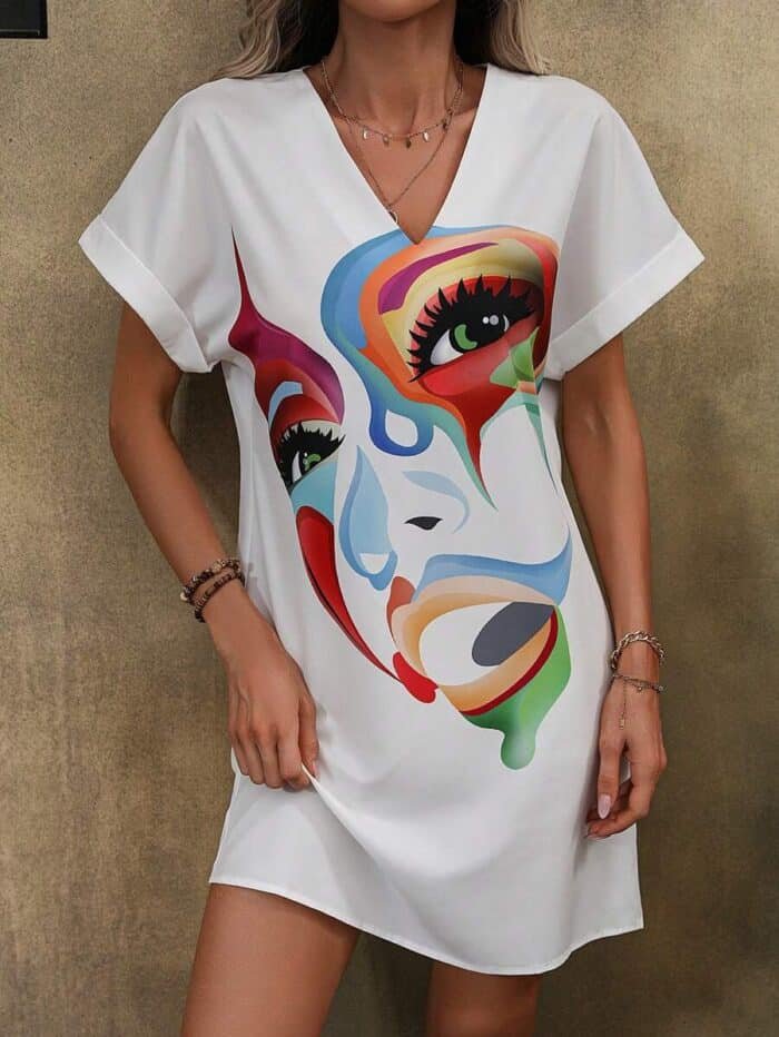 Figure Graphic Batwing Sleeve Tunic Dress