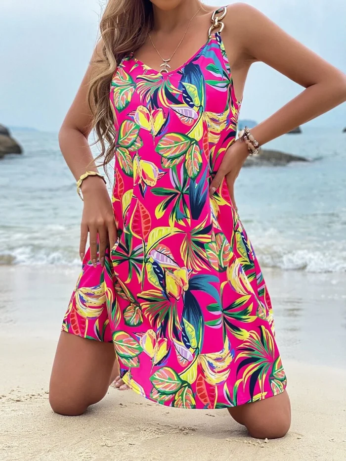 SHEIN VCAY Tropical Print Chain Detail Cami Dress