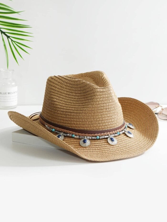 1pc Women Turquoise Decor Braided Detail Fashion Straw Hat For Beach
