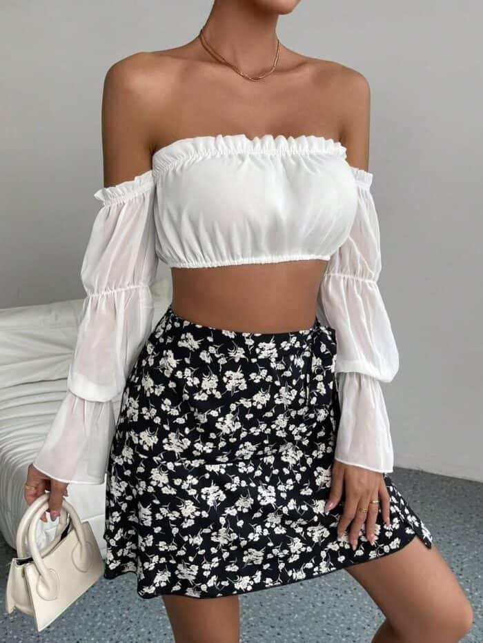 Off Shoulder Flounce Sleeve Crop Top & Floral Print Skirt