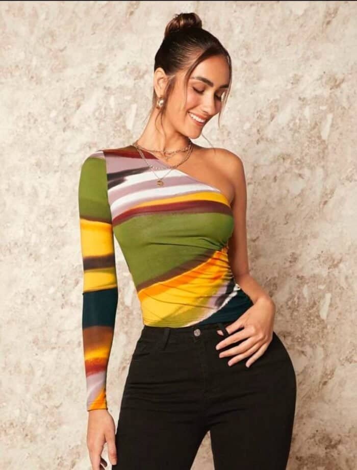 SHEIN BAE Colorblock One Shoulder Ruched Side Tee