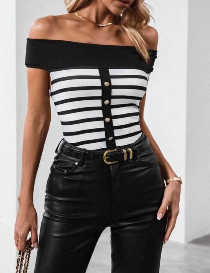 SHEIN Essnce Striped Off Shoulder Tee