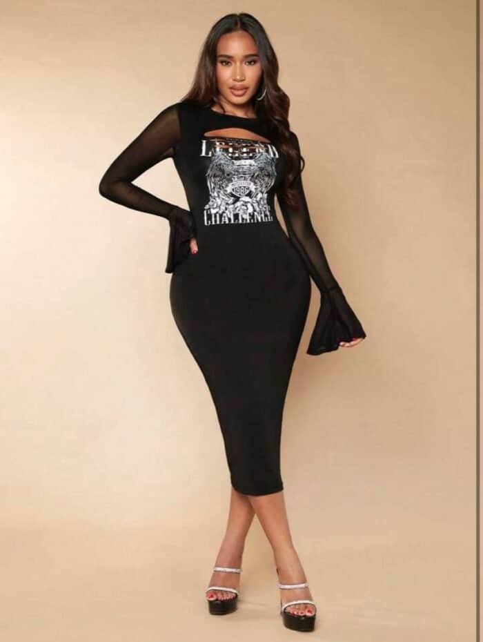 SHEIN SXY Eagle & Letter Graphic Cut Out Front Flounce Sleeve Bodycon Dress