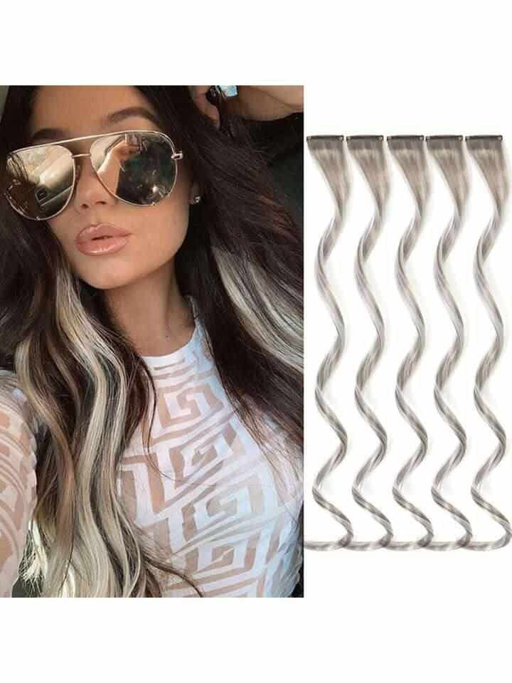 5 Pcs Colored Hair Extensions Party Highlights, Curly Wavy Grey