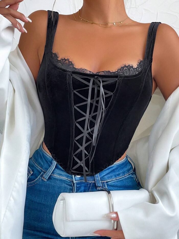 SHEIN BAE Lace Up Front Lace Trim Cami Top