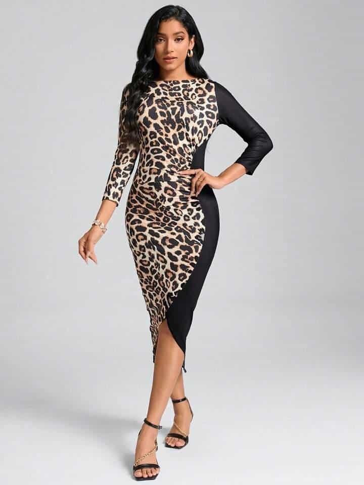 SHEIN Clasi Leopard Print Asymmetrical Hem Bodycon Dress - Image 3