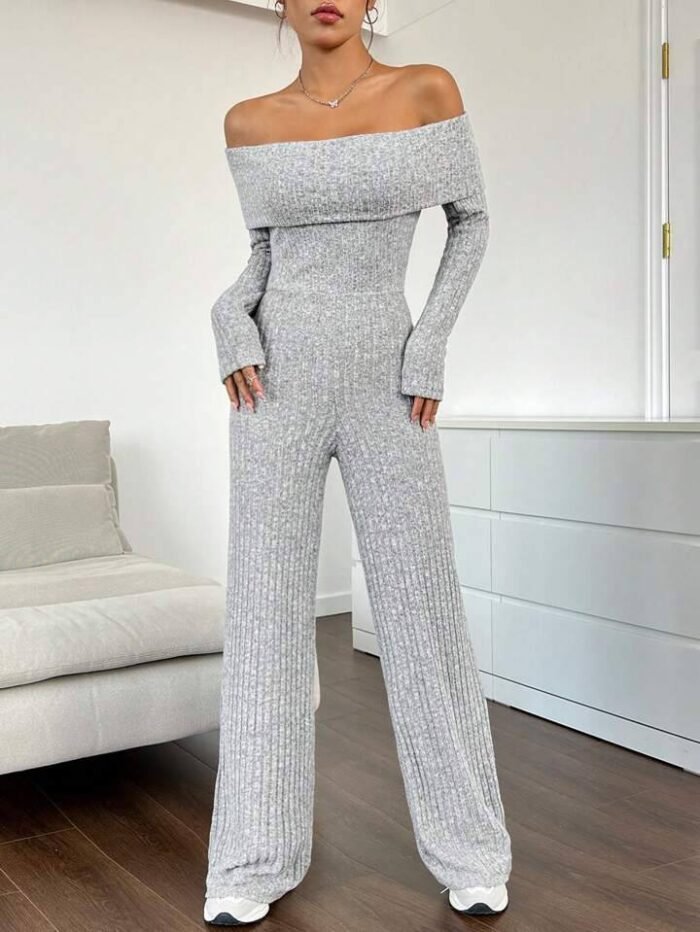 SHEIN EZwear Foldover Off Shoulder Ribbed Knit Jumpsuit