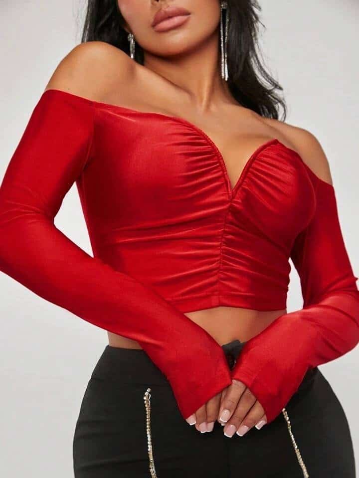 SHEIN X GiudiceGirls Off Shoulder Ruched Crop Tee - Image 6