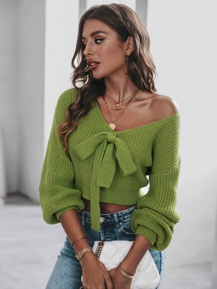 Tie Front Drop Shoulder Crop Sweater