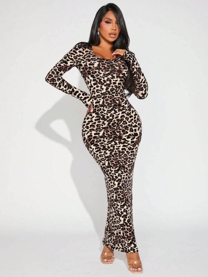 SHEIN SXY Leopard Print Scoop Neck Bodycon Dress