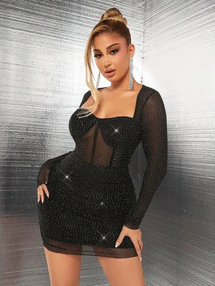 SHEIN SXY Ladies' Mesh Rhinestone See-through Sexy Mini Dress For Date Night