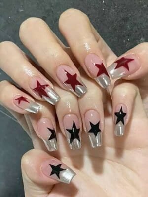 24pcs medium coffin y2k style cute silver French&black red  Nail