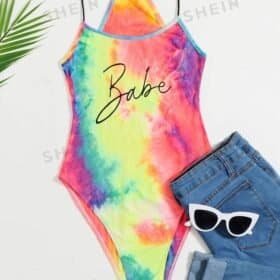 SHEIN EZwear Letter Graphic Tie Dye Cami Bodysuit