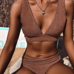 Plain V Neck Bikini Swimsuit
