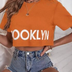 SHEIN Essnce Letter Printed Crop Top Short Sleeve T-Shirt For Summer, Casual