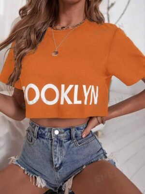 SHEIN Essnce Letter Printed Crop Top Short Sleeve T-Shirt For Summer, Casual