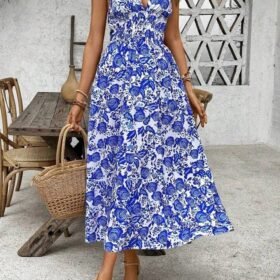 SHEIN VCAY Casual Summer Holiday Blue Rose Print Waist-Cinched Spaghetti Strap Dress