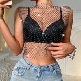 Women's Diamante Decorated Hollow Out Stand Collar Top