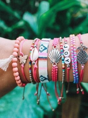 10pcs Set Bohemian Beaded Braided Bracelet With Seashell And Butterfly Decorations