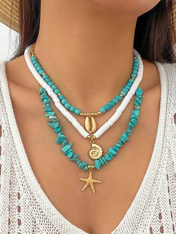 3pcs Retro Turquoise Metal Necklace Set With Mermaid, Starfish