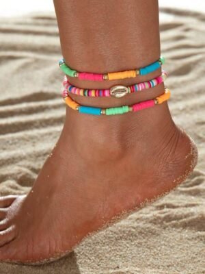 3pcs Sets Fashion Alloy Shell Colorful Soft Pottery Decor Anklets For Women