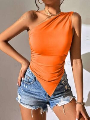 SHEIN BAE One Shoulder Ruched Hanky Hem Top