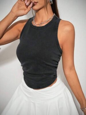 SHEIN EZwear Women's Slim Fit Denim Top, Casual Sleeveless Jacket With Elastic Blue Ruffles