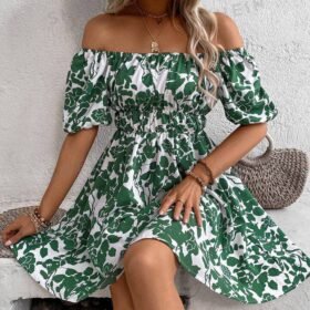 SHEIN VCAY Allover Floral Print Off Shoulder Puff Sleeve Dress