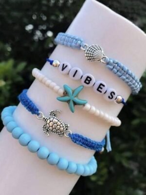 5pcs Fashionable Woven Bracelet Set With Natural Stones, Multicolored Shells