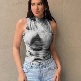 SHEIN Essnce Women's Shibori Tie-Dye Sleeveless Blouse With Stand Collar And Pleated Detail