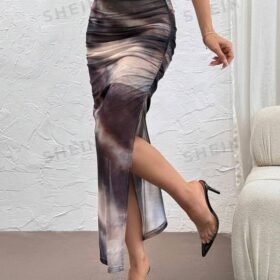 SHEIN Privé Women Tie-Dye Marble Mesh Fabric Print Bodycon Skirt, Elegant Vacation Style