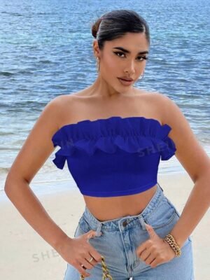SHEIN SXY Women Solid Color Simple Style Lace Trimmed Bandeau Top