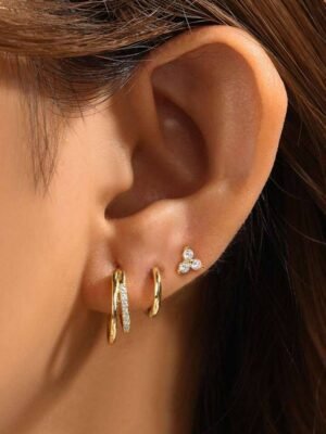 3PCS 925 Sterling Gold  Fashion Cubic Zirconia Huggie Hoop Earrings