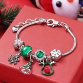 1pc Cute Hollow Reindeer, Christmas Tree & Snowflake Beaded Copper Chain Bracelet