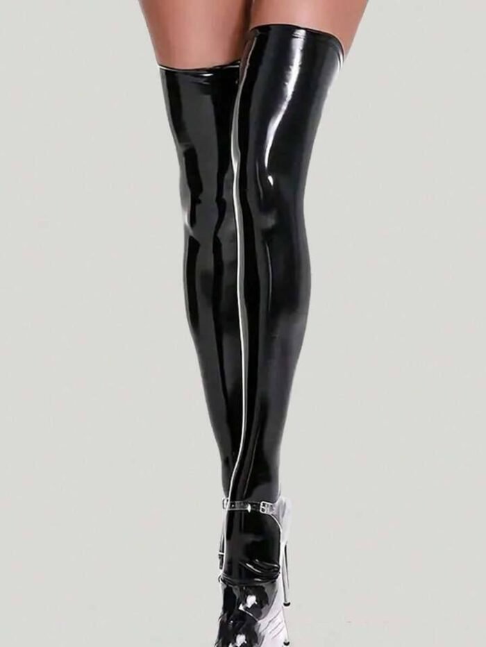 1 Pair Shiny Elastic Thigh-High Stockings With Anti-Slip Mirrored Leather Design, Women Pantyhose