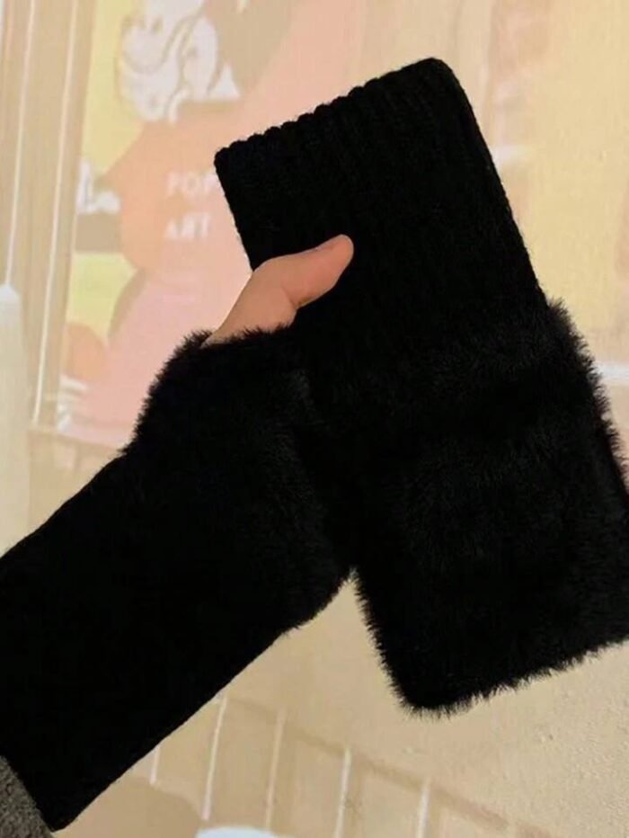 1pair Mink Fleece Soft Winter Half Finger Gloves Women Warm Luxury