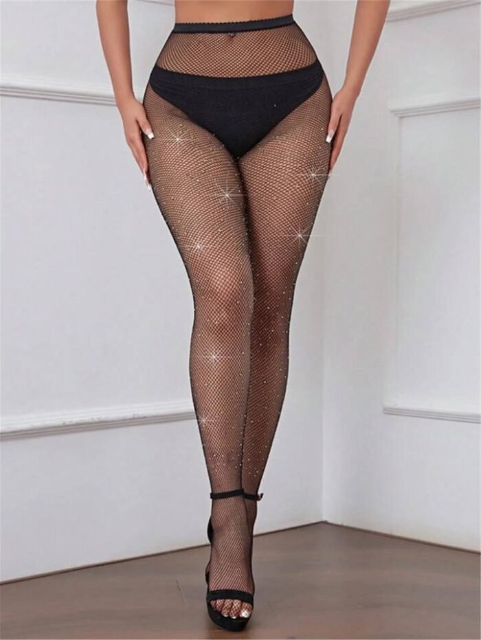 1pair Rhinestone Nude Fishnet Elastic Stockings Tights Pantyhose