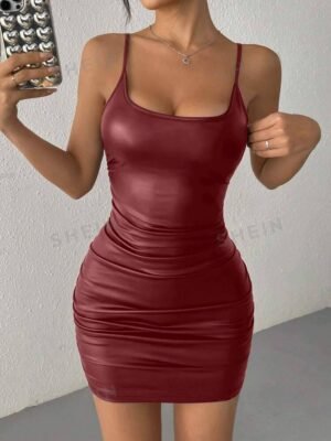 SHEIN EZwear Burgundy PU Leather Pleated Sexy Sleeveless Slip Dress For Women