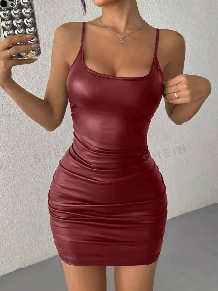 SHEIN EZwear Burgundy PU Leather Pleated Sexy Sleeveless Slip Dress For Women