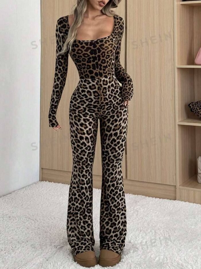 SHEIN EZwear Women's Autumn Leopard Print Square Neck Long Sleeve Flared Fashion Jumpsuit