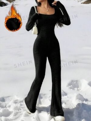 SHEIN MOOSTA Women Square Neck Long Sleeve Flared Jumpsuit, Casual Wear For Autumn Winter