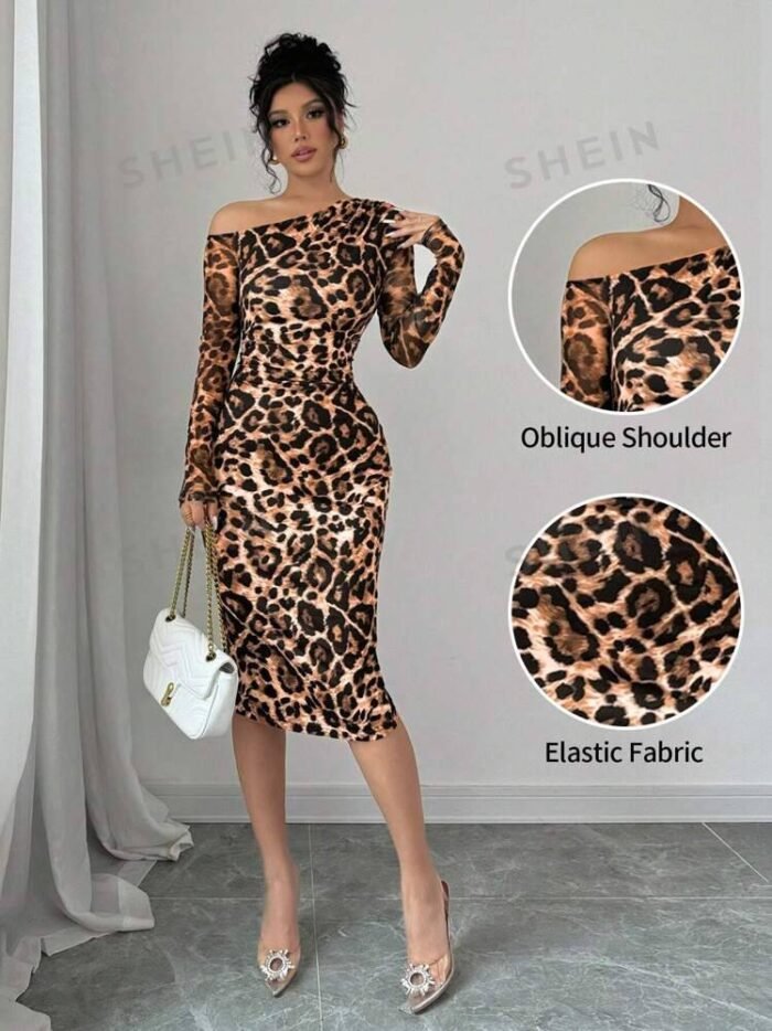 SHEIN Raffinéa Elegant Asymmetric Neck Leopard Print Bodycon Dress, Autumn