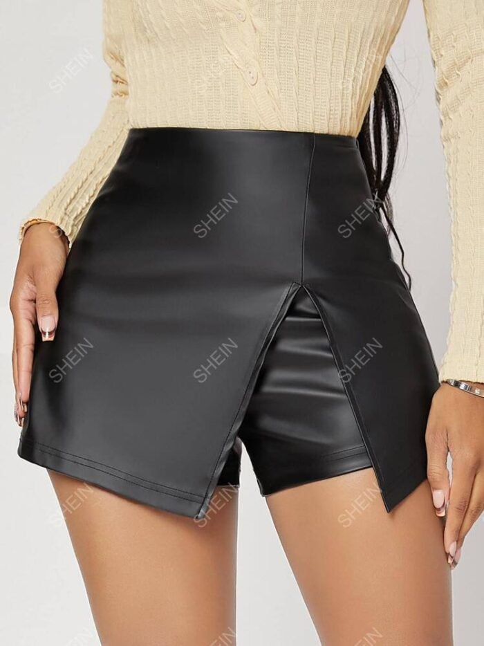 SHEIN SXY Spring And Summer Two-Layer Hem PU Leather Black Tight Skort