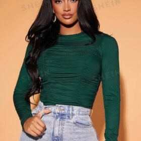 SHEIN SXY Spring Green Pleated Skinny Long Sleeve T-Shirt