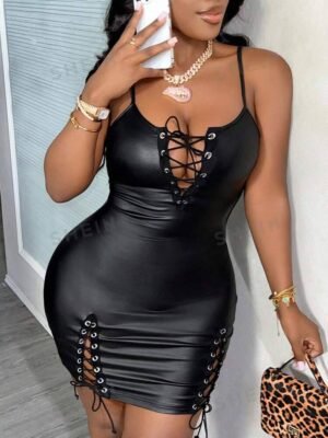 SHEIN Slayr Sexy Black Metal Strap Binding Mini Bodycon Dress