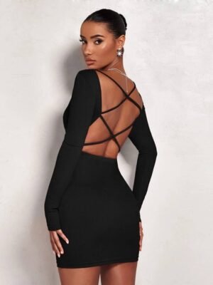 SHEIN BAE Women's Zebra Pattern Open Back Long Sleeve Bodycon Dress For Spring Clothes