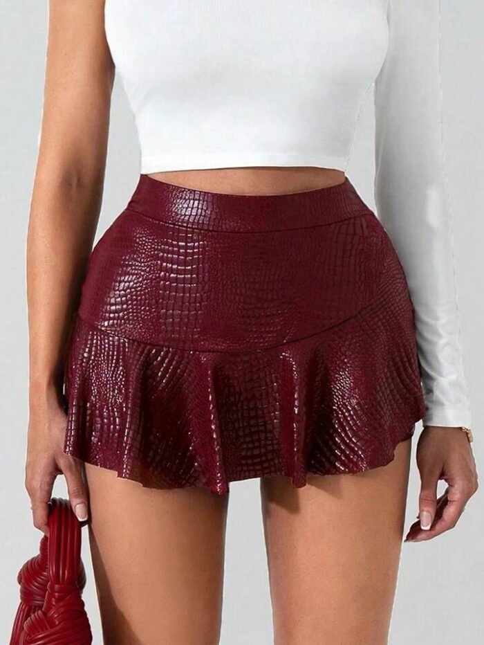 SHEIN Foxxy New Wine Red Textured Leather Look Skirt Pants For Women