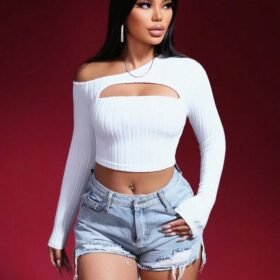 SHEIN Foxxy Women Solid Color Long Sleeve Hollow Out Shoulder Casual T-Shirt